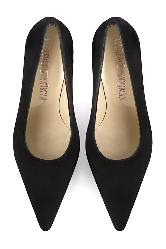 Matt black women's dress pumps, with a round neckline. Pointed toe. Very high slim heel. Top view - Florence KOOIJMAN